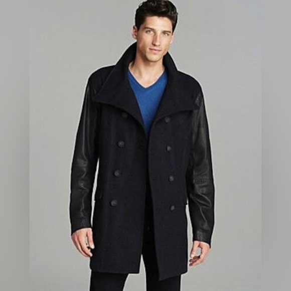 Diesel L-Rondel Black Pea Coat Overcoat Wool & Leather Jacket